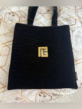 Balmain Black Velvet Tote with Gold Logo Plaque